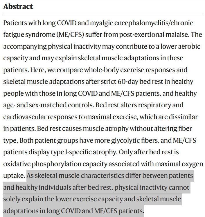 Abstract
Patients with long COVID and myalgic encephalomyelitis/chronic fatigue syndrome (ME/CFS) suffer from post-exertional malaise. The accompanying physical inactivity may contribute to a lower aerobic capacity and may explain skeletal muscle adaptations in these patients. Here, we compare whole-body exercise responses and skeletal muscle adaptations after strict 60-day bed rest in healthy people with those in long COVID and ME/CFS patients, and healthy age- and sex-matched controls. Bed rest alters respiratory and cardiovascular responses to maximal exercise, which are dissimilar in patients. Bed rest causes muscle atrophy without altering fiber type. Both patient groups have more glycolytic fibers, and ME/CFS patients display type I-specific atrophy. Only after bed rest is oxidative phosphorylation capacity associated with maximal oxygen uptake. As skeletal muscle characteristics differ between patients and healthy individuals after bed rest, physical inactivity cannot solely explain the lower exercise capacity and skeletal muscle adaptations in long COVID and ME/CFS patients.